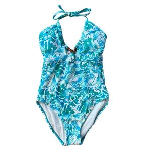 NWT Time and Tru Womens Blue & Green Floral 1 Piece Swimsuit Brown Beads